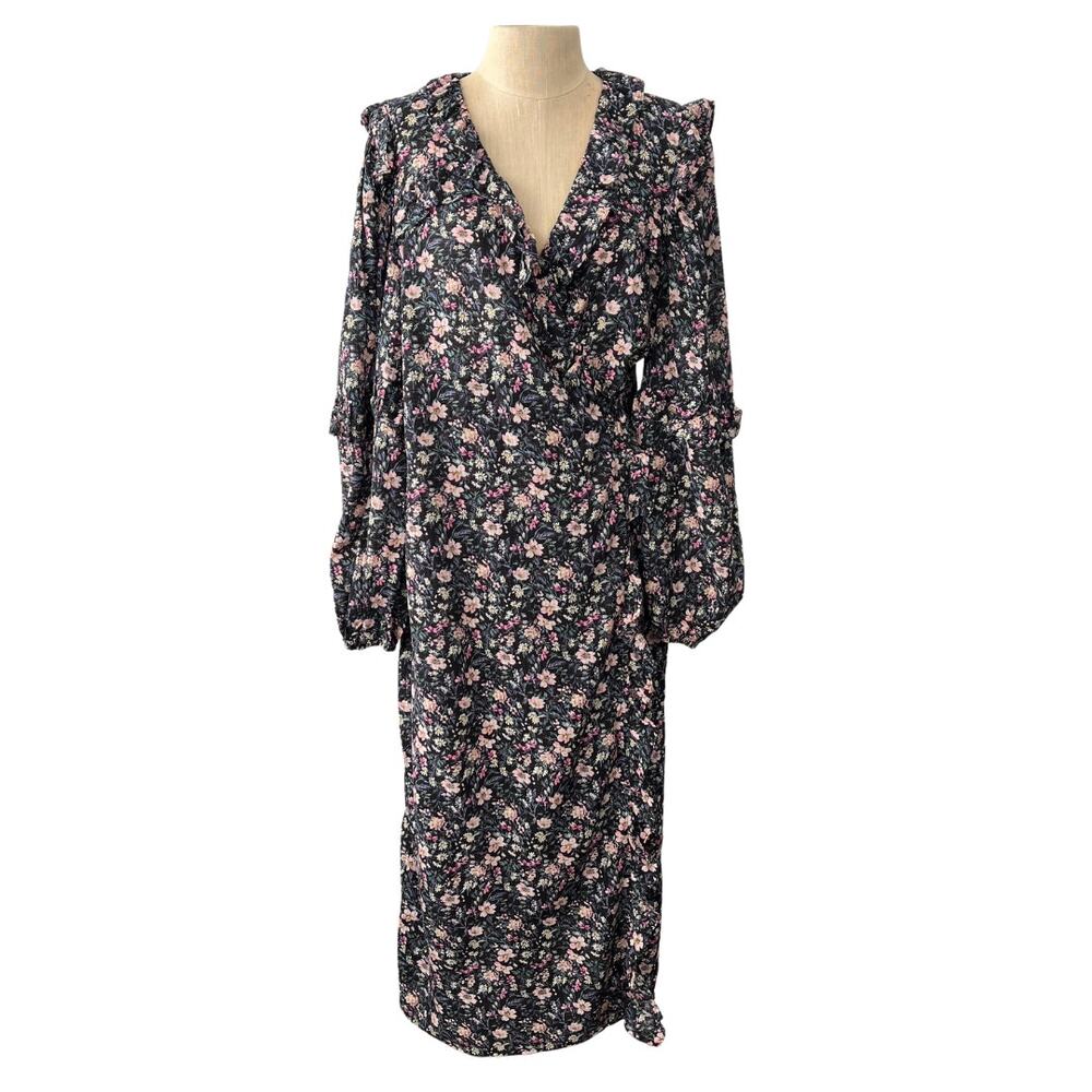 & Other Stories Black Floral Ruffle Wrap Midi Dress M NWT Viscose V Neck Tiered - Picture 3 of 8